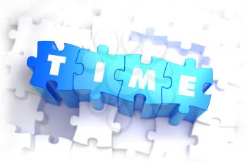 Time - White Word on Blue Puzzles on White Background. 3D Illustration.