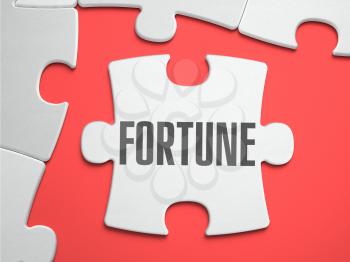 Fortune - Text on Puzzle on the Place of Missing Pieces. Scarlett Background. Close-up. 3d Illustration.