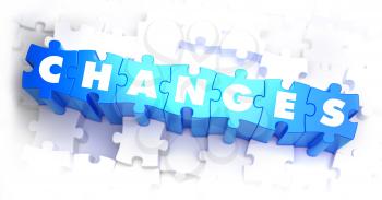 Changes - White Word on Blue Puzzles on White Background. 3D Illustration.