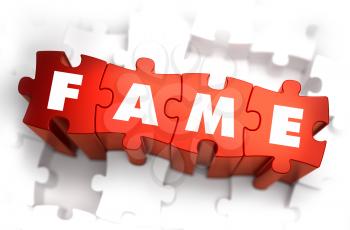 Fame - Text on Red Puzzles with White Background. 3D Render. 