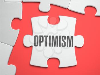 Optimism - Text on Puzzle on the Place of Missing Pieces. Scarlett Background. Close-up. 3d Illustration.