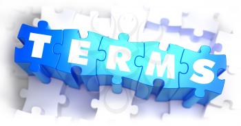 Terms - White Word on Blue Puzzles on White Background. 3D Render. 