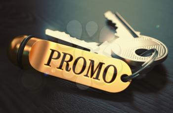Promo Concept. Keys with Golden Keyring on Black Wooden Table. Closeup View, Selective Focus, 3D Render. Toned Image.