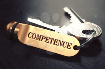 Competence Concept. Keys with Golden Keyring on Black Wooden Table. Closeup View, Selective Focus, 3D Render. Toned Image.