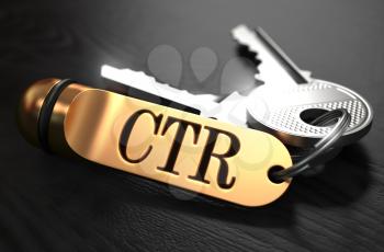 Keys with Word CTR - Click Through Rate - on Golden Label over Black Wooden Background. Closeup View, Selective Focus, 3D Render.