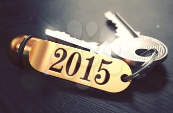 2015 - Bunch of Keys with Text on Golden Keychain. Black Wooden Background. Closeup View with Selective Focus. 3D Illustration. Toned Image.