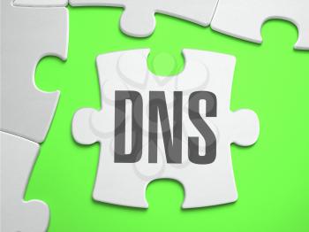 DNS - Domain Name Server - Jigsaw Puzzle with Missing Pieces. Bright Green Background. Close-up. 3d Illustration.