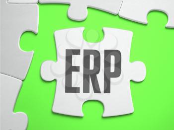 ERP - Enterprise Resource Planning - Jigsaw Puzzle with Missing Pieces. Bright Green Background. Close-up. 3d Illustration.