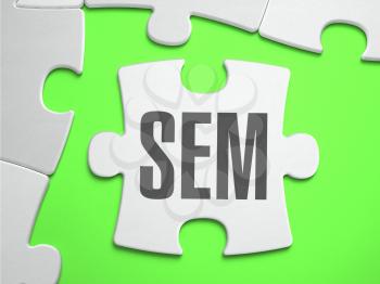 SEM - Search Engines Marketing - Jigsaw Puzzle with Missing Pieces. Bright Green Background. Close-up. 3d Illustration.