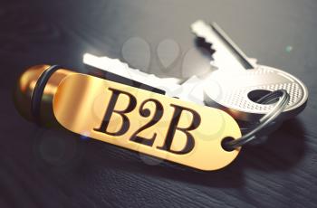 Keys with Word B2B - Business to Business - on Golden Label over Black Wooden Background. Closeup View, Selective Focus, 3D Render. Toned Image.