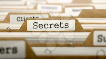 Secrets Concept. Word on Folder Register of Card Index. Selective Focus.