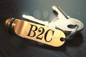 B2C - Business To Consumer - Bunch of Keys with Text on Golden Keychain. Black Wooden Background. Closeup View with Selective Focus. 3D Illustration. Toned Image.