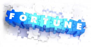 Fortune - White Word on Blue Puzzles on White Background. 3D Illustration.