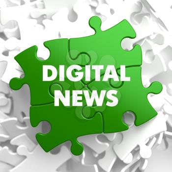 Digital News on Green Puzzle on White Background.
