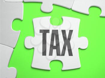 Tax - Jigsaw Puzzle with Missing Pieces. Bright Green Background. Close-up. 3d Illustration.