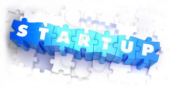 Startup - White Word on Blue Puzzles on White Background. 3D Render. 