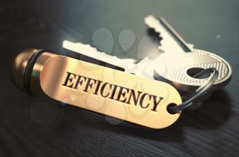 Keys with Word Efficiency on Golden Label over Black Wooden Background. Closeup View, Selective Focus, 3D Render. Toned Image.
