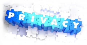 Privacy - Text on Blue Puzzles on White Background. 3D Render. 