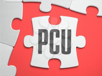 PCU - Peak Concurrent User - Text on Puzzle on the Place of Missing Pieces. Scarlett Background. Close-up. 3d Illustration.