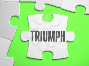 Triumph - Jigsaw Puzzle with Missing Pieces. Bright Green Background. Close-up. 3d Illustration.