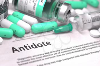 Antidote - Medical Concept with Blurred Background. Mint Green Pills, Injections and Syringe with Selective Focus.