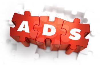 Ads - White Word on Red Puzzles on White Background. 3D Illustration.