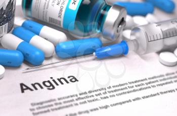 Angina - Printed Diagnosis with Blurred Text. On Background of Medicaments Composition - Blue Pills, Injections and Syringe.