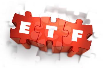 ETF - Exchange Traded Fund - Text on Red Puzzles with White Background. 3D Render. 