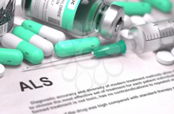 ALS - Printed Diagnosis with Mint Green Pills, Injections and Syringe. Medical Concept with Selective Focus.