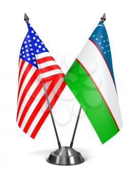 USA and Uzbekistan - Miniature Flags Isolated on White Background.