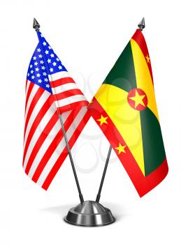 USA and Grenada - Miniature Flags Isolated on White Background.