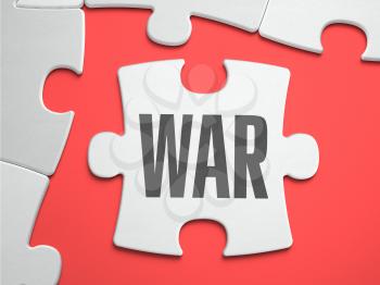 WAR - Text on Puzzle on the Place of Missing Pieces. Scarlett Background. Close-up. 3d Illustration.