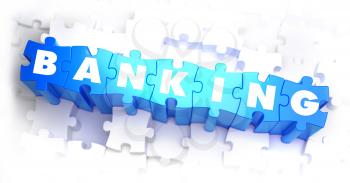 Banking - White Word on Blue Puzzles on White Background. 3D Illustration.