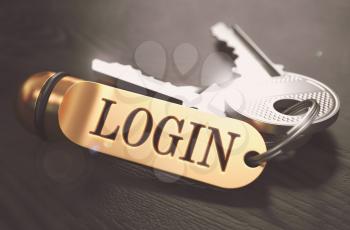Login Concept. Keys with Golden Keyring on Black Wooden Table. Closeup View, Selective Focus, 3D Render. Toned Image.