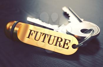 Future Concept. Keys with Golden Keyring on Black Wooden Table. Closeup View, Selective Focus, 3D Render. Toned Image.