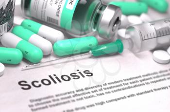 Scoliosis - Printed Diagnosis with Blurred Text. On Background of Medicaments Composition - Mint Green Pills, Injections and Syringe.