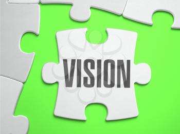 Vision - Jigsaw Puzzle with Missing Pieces. Bright Green Background. Close-up. 3d Illustration.