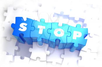 Stop - White Word on Blue Puzzles on White Background. 3D Render. 
