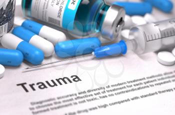 Trauma - Medical Concept with Blue Pills, Injections and Syringe. Selective Focus. Blurred Background.