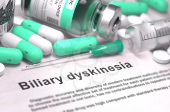 Diagnosis - Biliary Dyskinesia. Medical Report with Composition of Medicaments - Light Green Pills, Injections and Syringe. Blurred Background with Selective Focus.