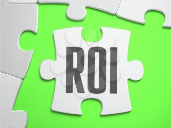 ROI - Return on Investment - Jigsaw Puzzle with Missing Pieces. Bright Green Background. Close-up. 3d Illustration.