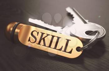 Skill - Bunch of Keys with Text on Golden Keychain. Black Wooden Background. Closeup View with Selective Focus. 3D Illustration. Toned Image.