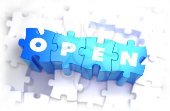 Open - Text on Blue Puzzles on White Background. 3D Render. 