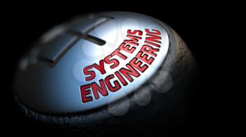 Systems Engineering. Gear Shift with Red Text on Black Background. Selective Focus. 3D Render.
