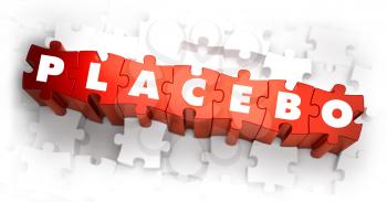 Placebo - White Word on Red Puzzles on White Background. 3D Render. 