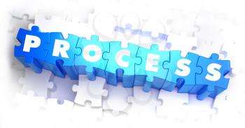 Process - Text on Blue Puzzles on White Background. 3D Render. 