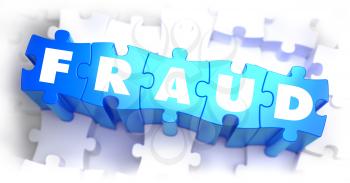 Fraud - White Word on Blue Puzzles on White Background. 3D Illustration.