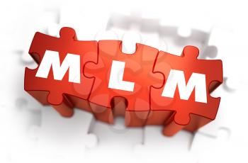 MLM - Multi Level Marketing - White Word on Red Puzzles on White Background. 3D Render. 