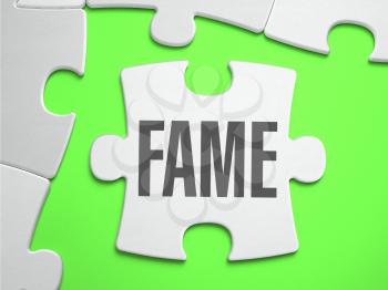 Fame - Jigsaw Puzzle with Missing Pieces. Bright Green Background. Close-up. 3d Illustration.
