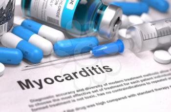 Diagnosis - Myocarditis. Medical Concept with Blue Pills, Injections and Syringe. Selective Focus. Blurred Background.